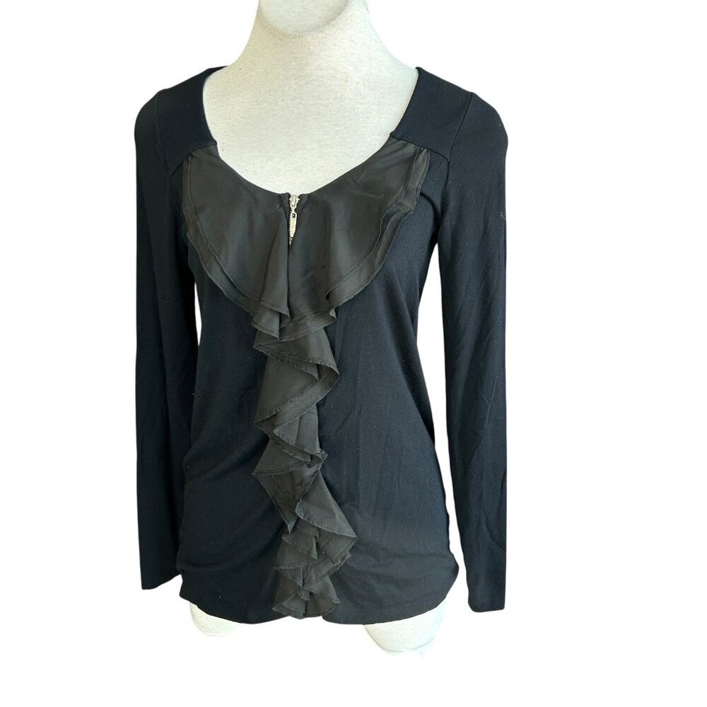 Green Dragon Black Jersey Knit Ruffle Front Full Zip Blouse Size Medium